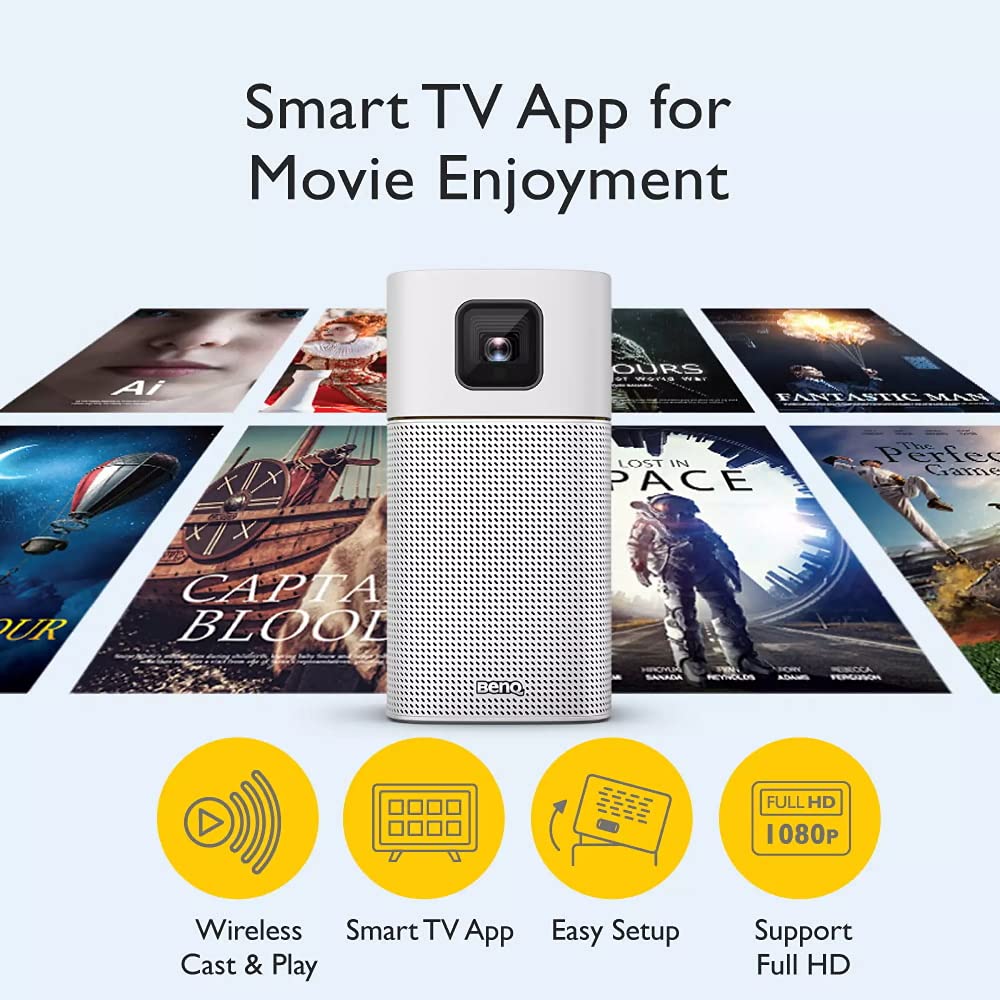 BenQ GV1 DLP Smart Stylish 854 x 480 Portable LED Projector 200 lumens (in-Built Battery, Wi-Fi, Hotspot, Wireless Display, Bluetooth Speaker, Unique Tilt Hinge, Auto Key Stone, USB-C) White