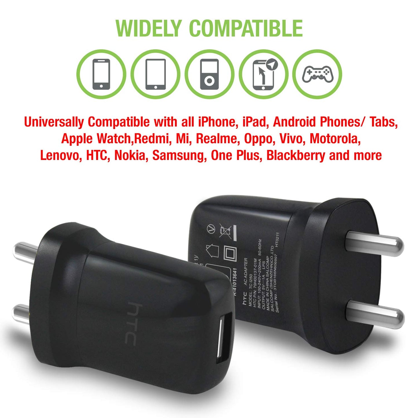 HTC E250 USB Wall Charger for All iPhone, Android, Smart Phones & Tabs