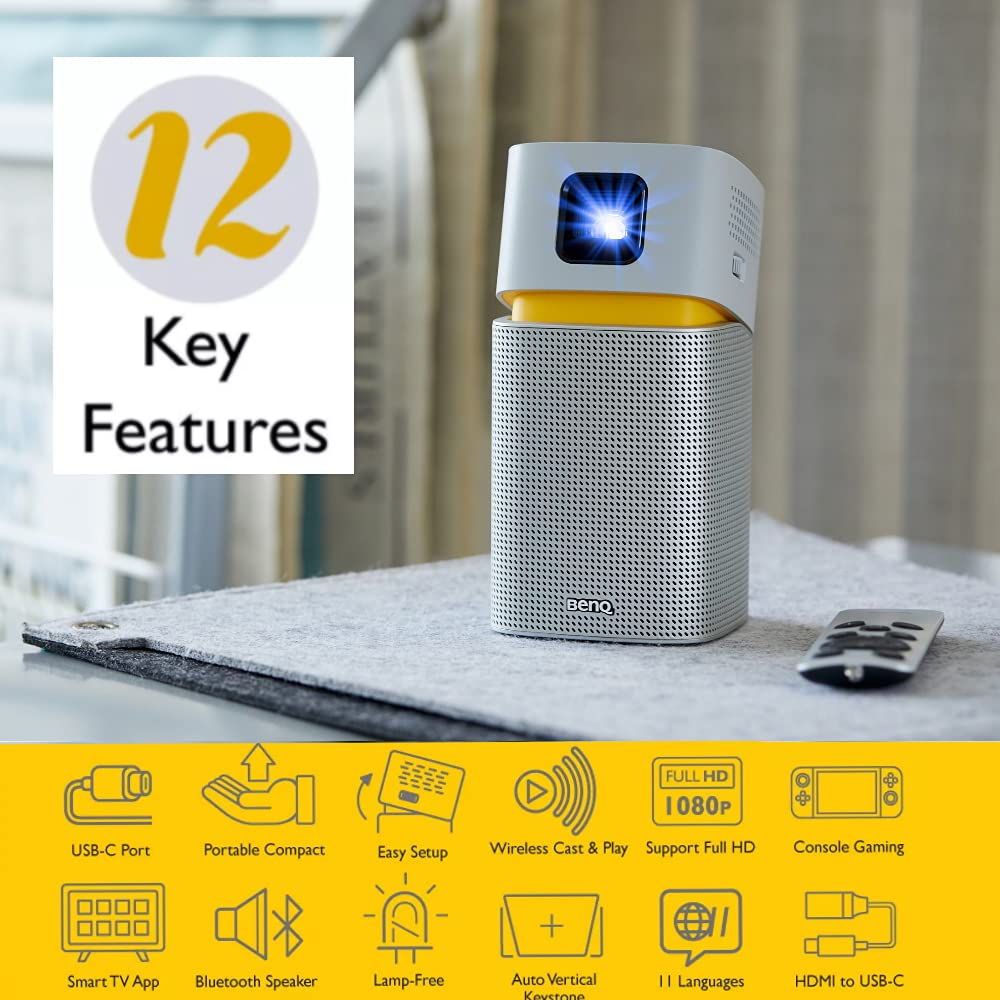 BenQ GV1 DLP Smart Stylish 854 x 480 Portable LED Projector 200 lumens (in-Built Battery, Wi-Fi, Hotspot, Wireless Display, Bluetooth Speaker, Unique Tilt Hinge, Auto Key Stone, USB-C) White