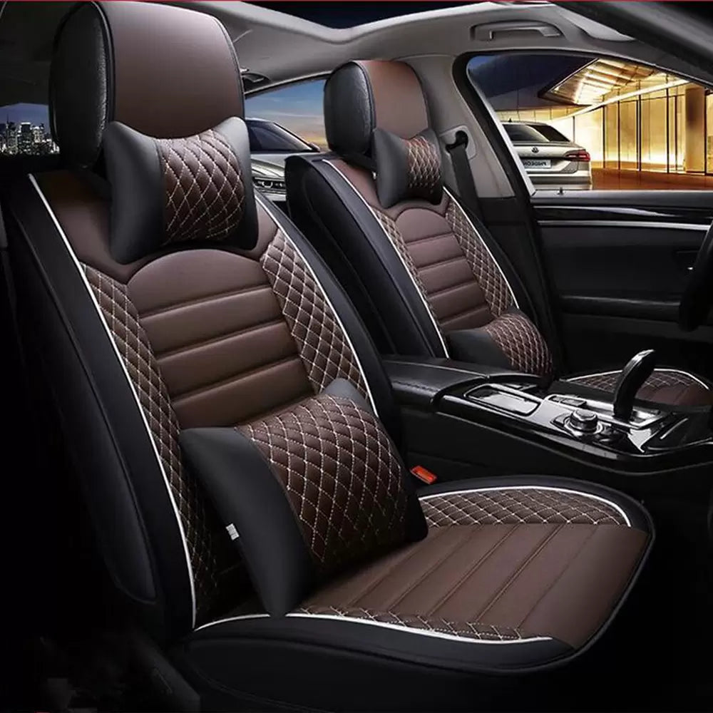 Hyundai i20 Elite 2018-2020 PU Leatherette Luxury Car Seat Cover With Pillow and Neck Rest (Coffee & Black)