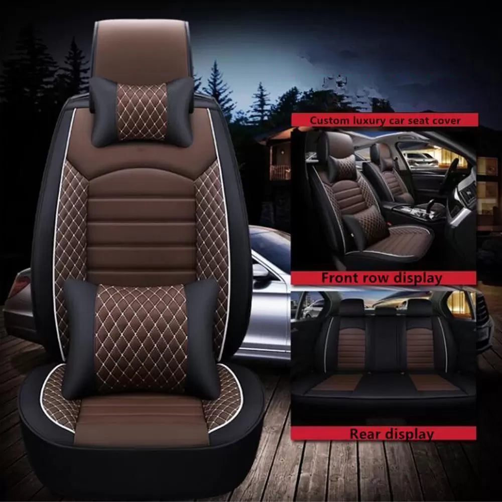 Hyundai i20 Elite 2018-2020 PU Leatherette Luxury Car Seat Cover With Pillow and Neck Rest (Coffee & Black)
