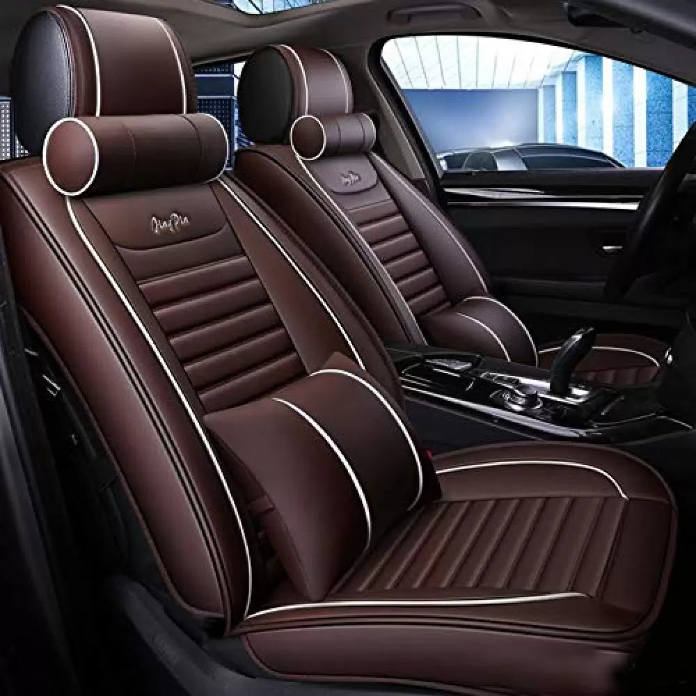 Tata Punch PU Leatherate Luxury Car Seat Cover With Pillow and Neck Rest (Coffee & White)