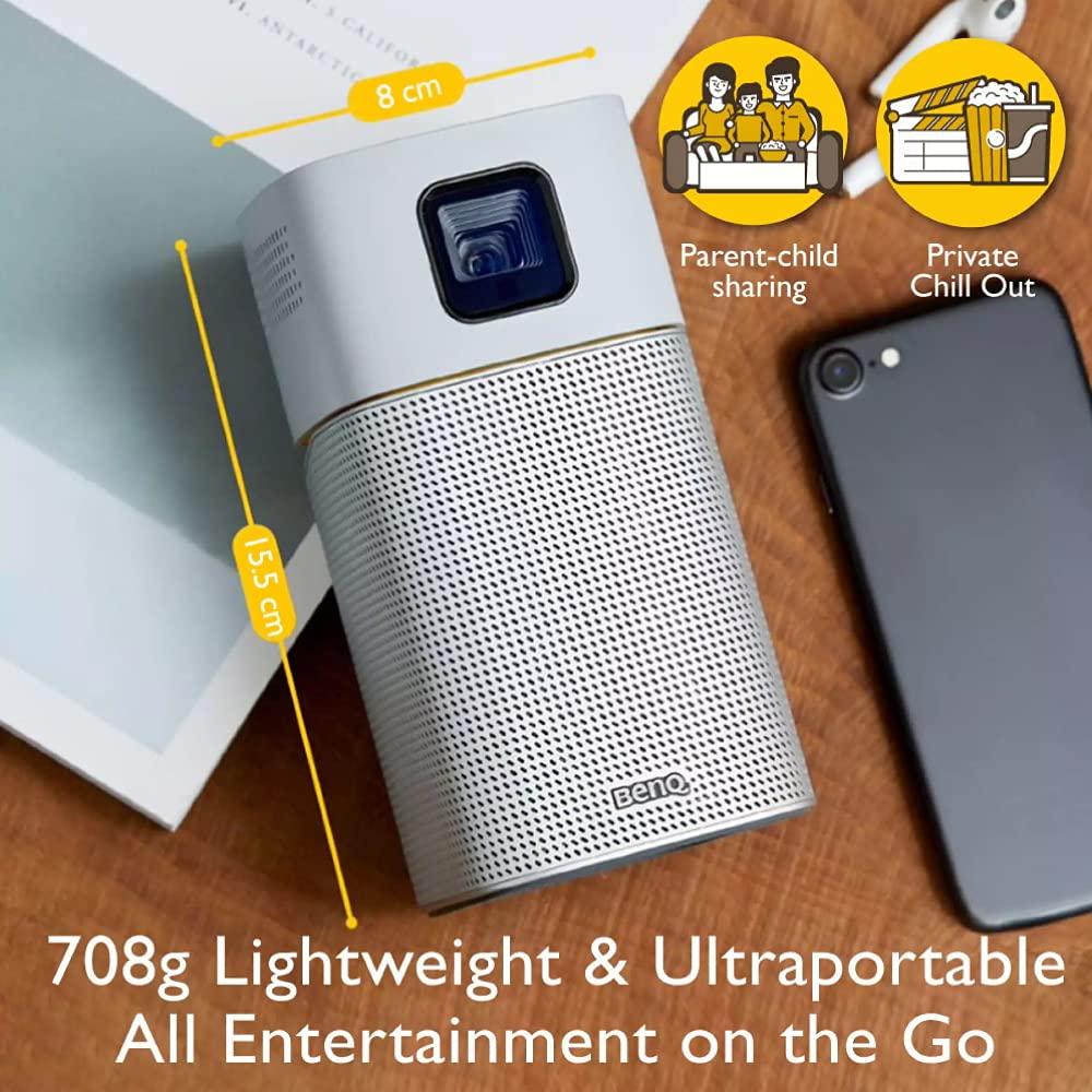 BenQ GV1 DLP Smart Stylish 854 x 480 Portable LED Projector 200 lumens (in-Built Battery, Wi-Fi, Hotspot, Wireless Display, Bluetooth Speaker, Unique Tilt Hinge, Auto Key Stone, USB-C) White