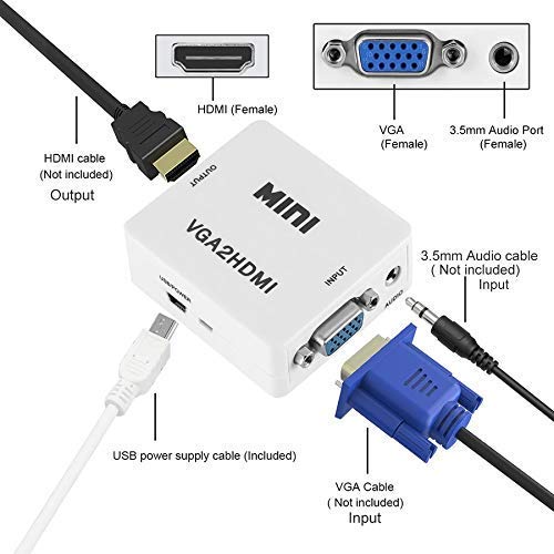 VGA to HDMI, Mini HD 1080P 3.5mm Audio VGA to HDMI HD HDTV Video Converter Box Adapter VGA2HDMI for PC Laptop Dispaly Projector