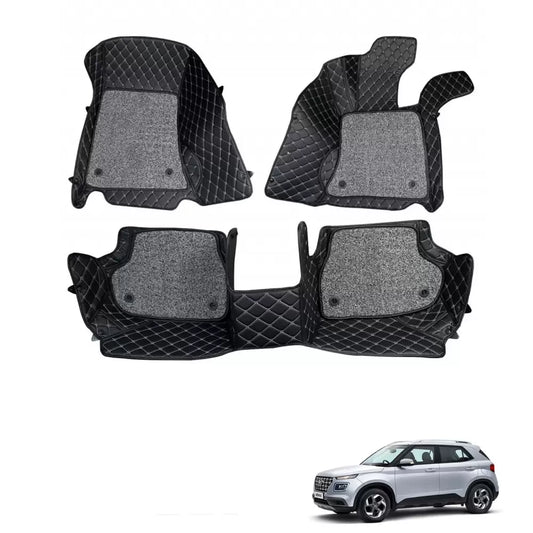 Hyundai Venue Premium Diamond Pattern 7D Car Floor Mats (Set of 3, Black)