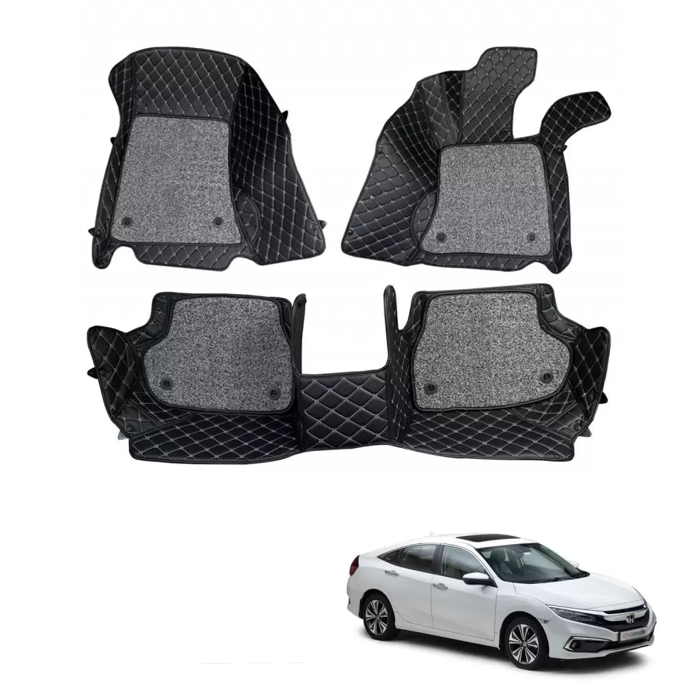 Honda New Civic 2019 Premium Diamond Pattern 7D Car Floor Mats (Set of 3, Black & Beige)