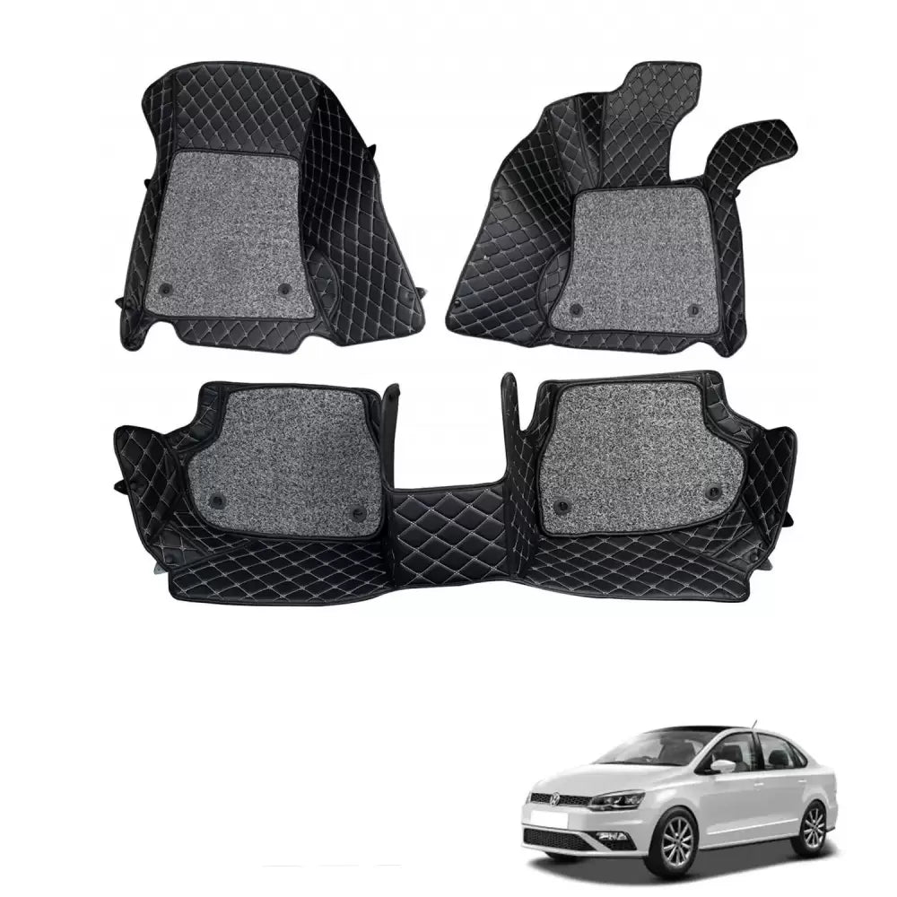 Volkswagen Vento Premium Diamond Pattern 7D Car Floor Mats (Set of 3, Black & Beige)