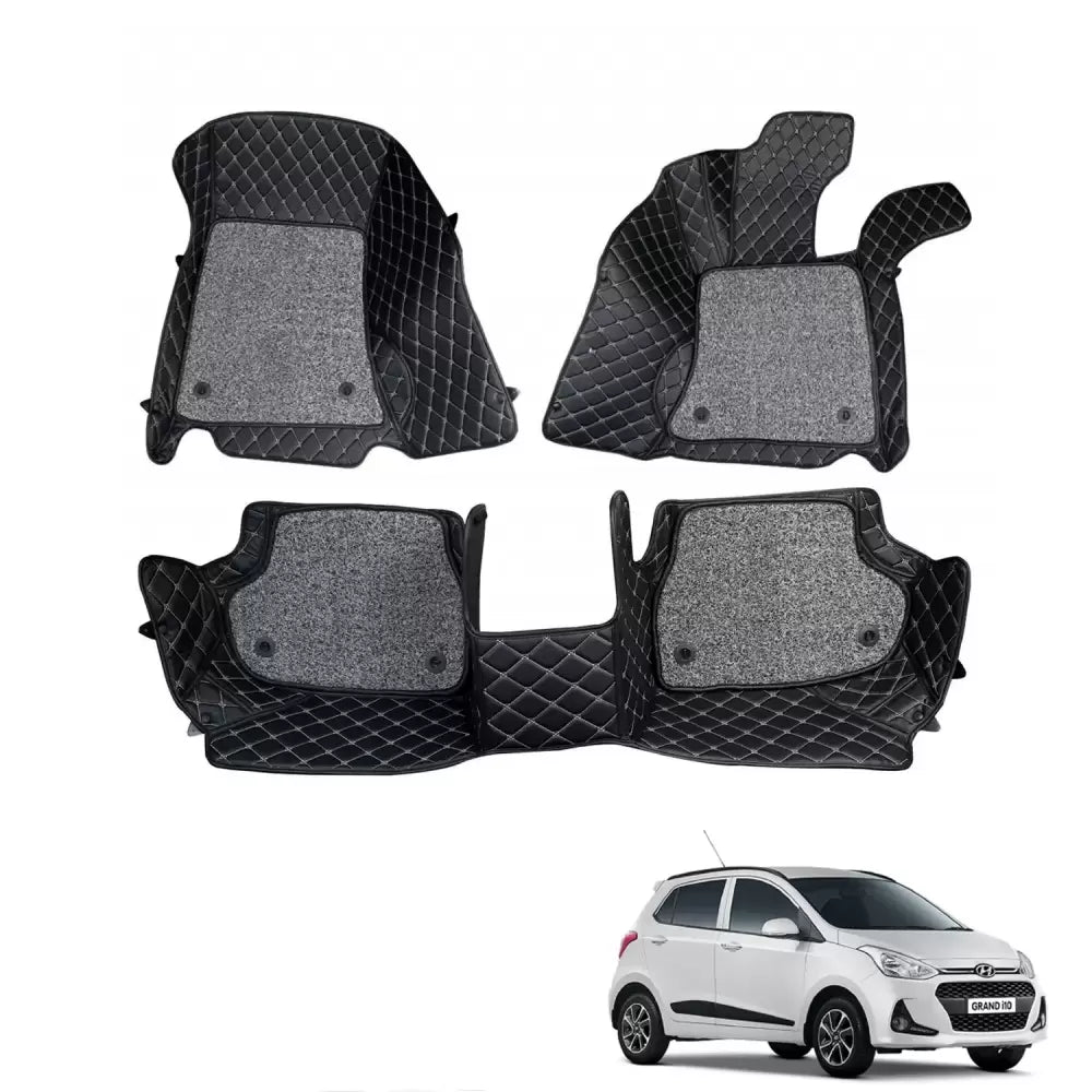 Hyundai Grand i10 Premium Diamond Pattern 7D Car Floor Mats (Set of 3, Black & Beige)