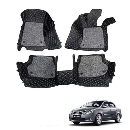 Toyota Etios Premium Diamond Pattern 7D Car Floor Mats (Set of 3, Black & Beige)