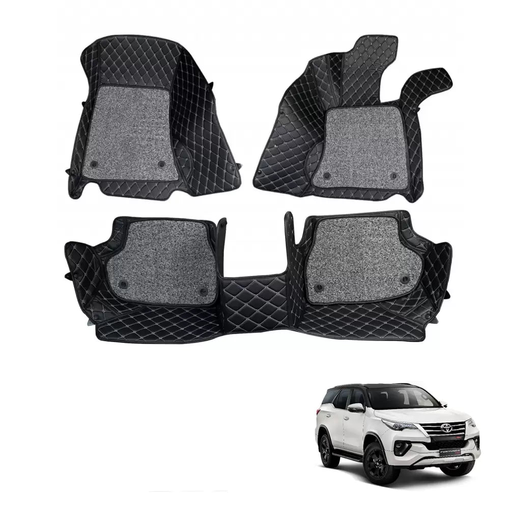 Toyota New Fortuner Premium Diamond Pattern 7D Car Floor Mats (Set of 4, Black and Beige)