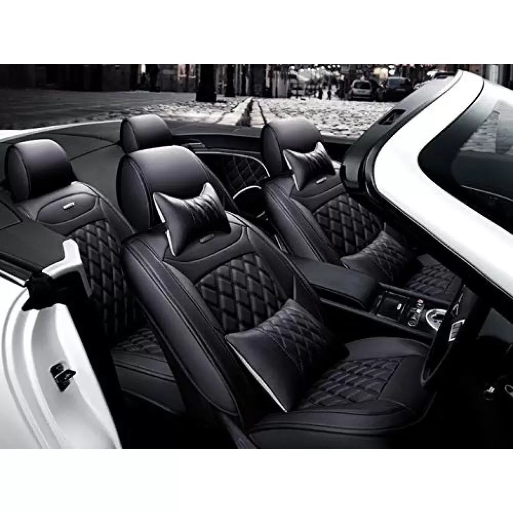 Tata Hexa PU Leatherate Luxury Car Seat Cover With Pillow and Neck Rest All Black With Bucket Fitting Seat Cover