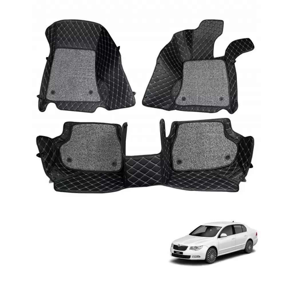 Skoda Rapid Premium Diamond Pattern 7D Car Floor Mats (Set of 3, Black)